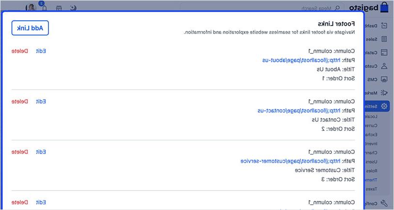 Screenshot of bagisto 2.0 manage footer links